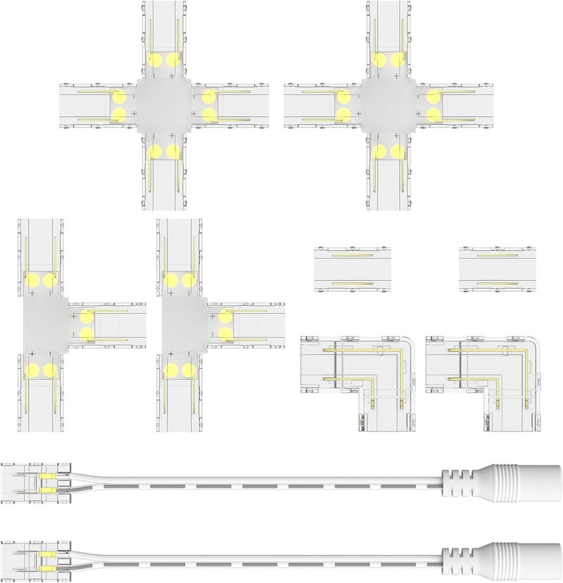 MIWISE 8mm COB LED Strip Connectors Kit, L-Shaped/Corner/T-Shaped/Cross Connectors, Strip-to-Strip & Extension Connectors with DC Female Plug, for DIY Lighting Projects, 5V/12V/24V - Image 1